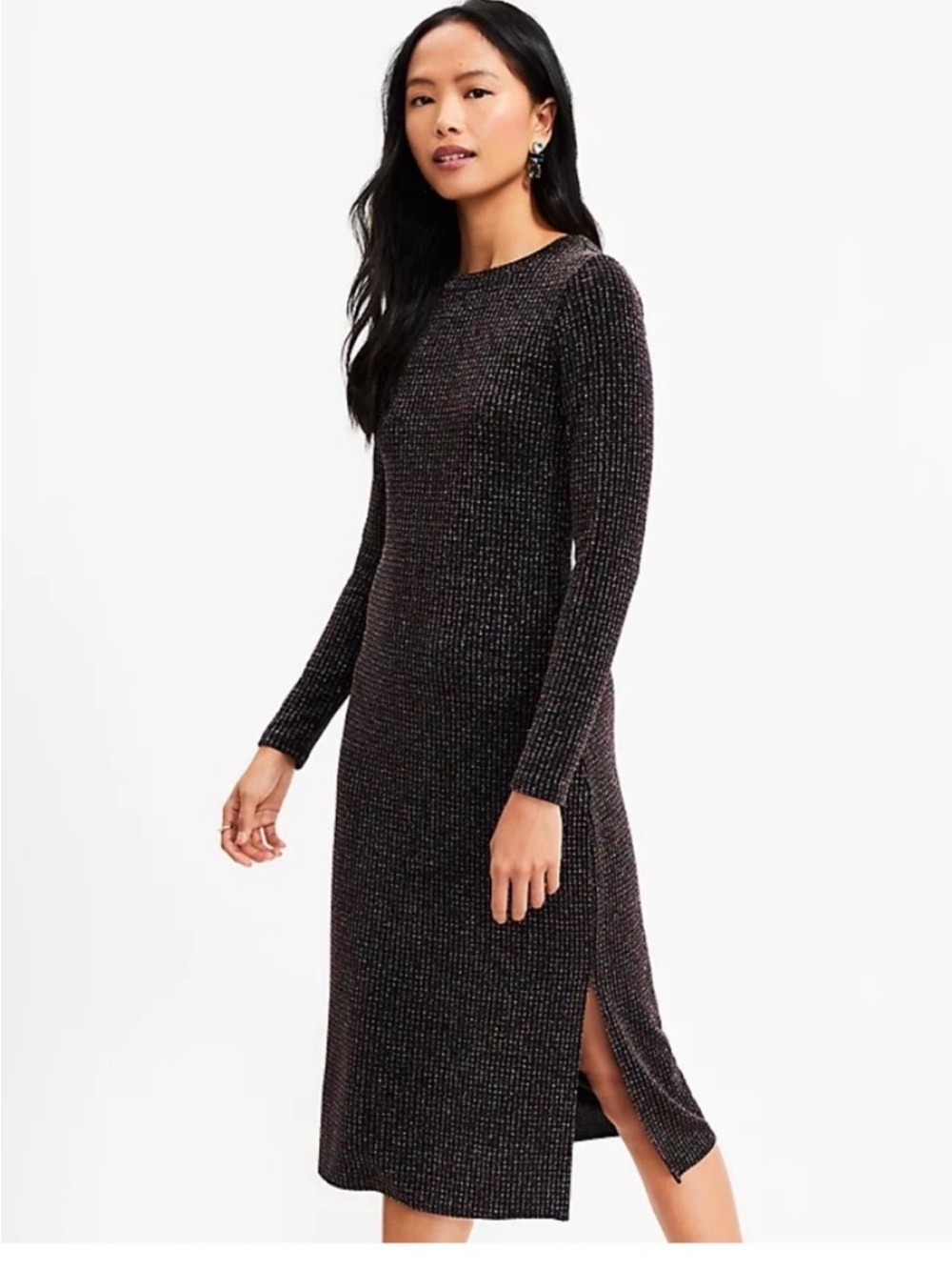 LOFT Sweater Dress M Rib Knit Black Multicolor Metallic Glitter Side Slit NWT